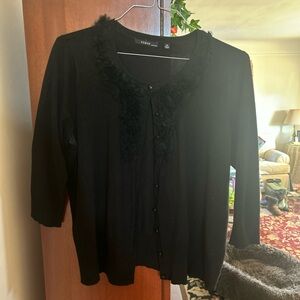 Cyrus Black Cardigan Sweater 3/4 sleeves button down ruffle detail on neckline
